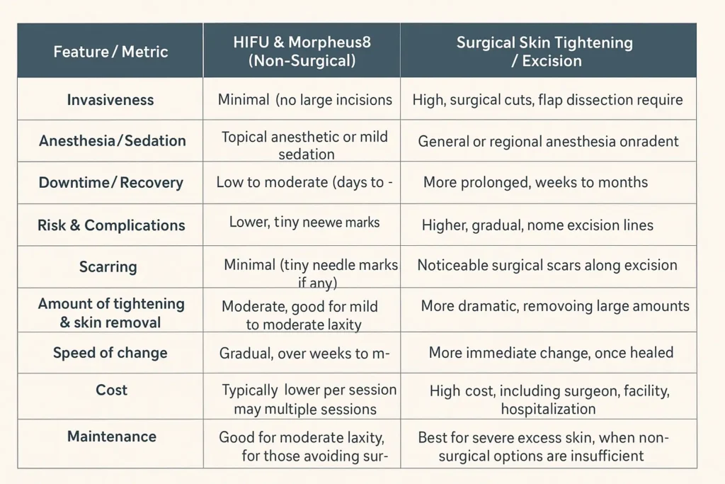 Table of skin tightening Wentworth benefits compared to surgical options